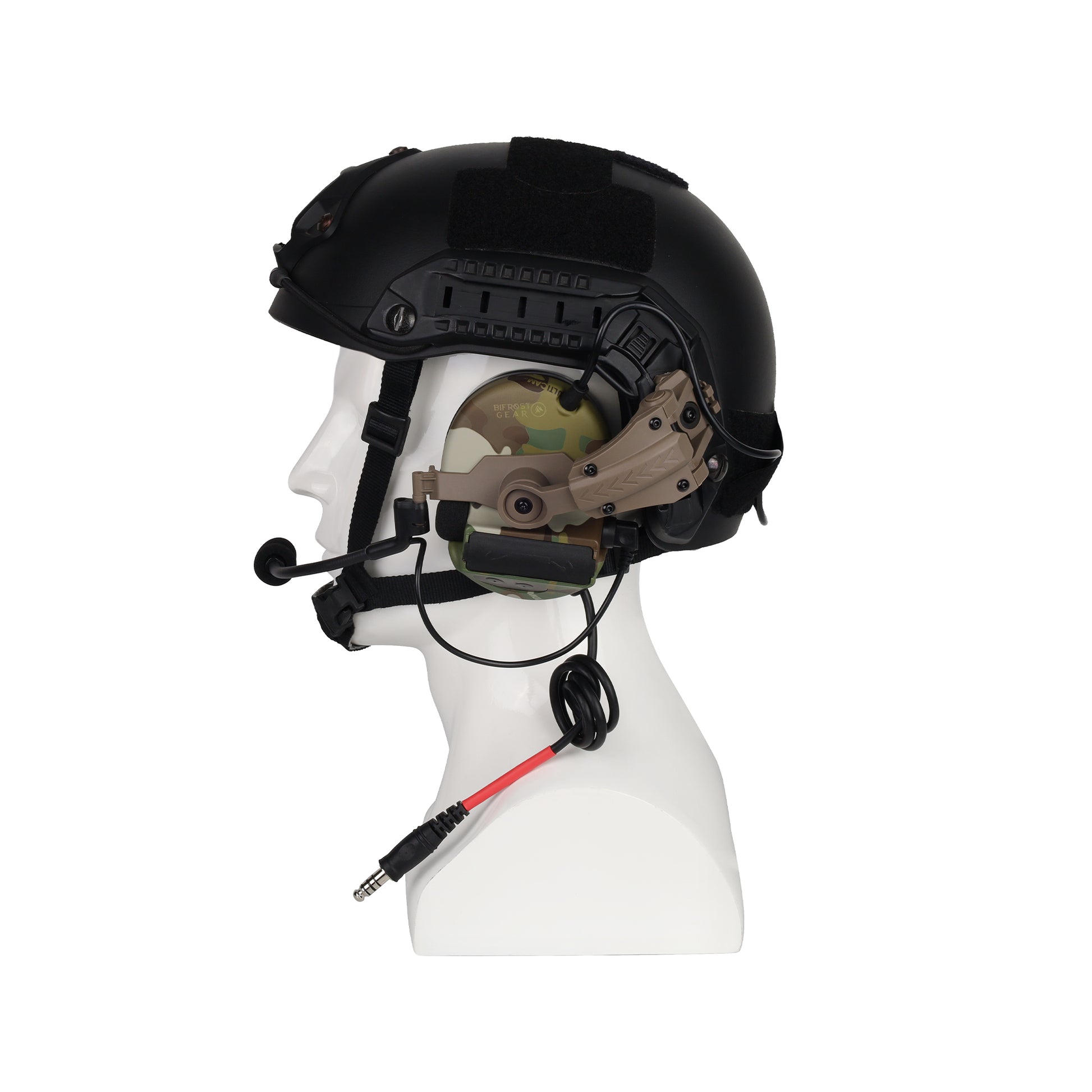 MultiCam Bifrost Gear Valhalla NRR 23dB electronic hearing protection, mounted on a helmet with Helmet Rail Adapters.