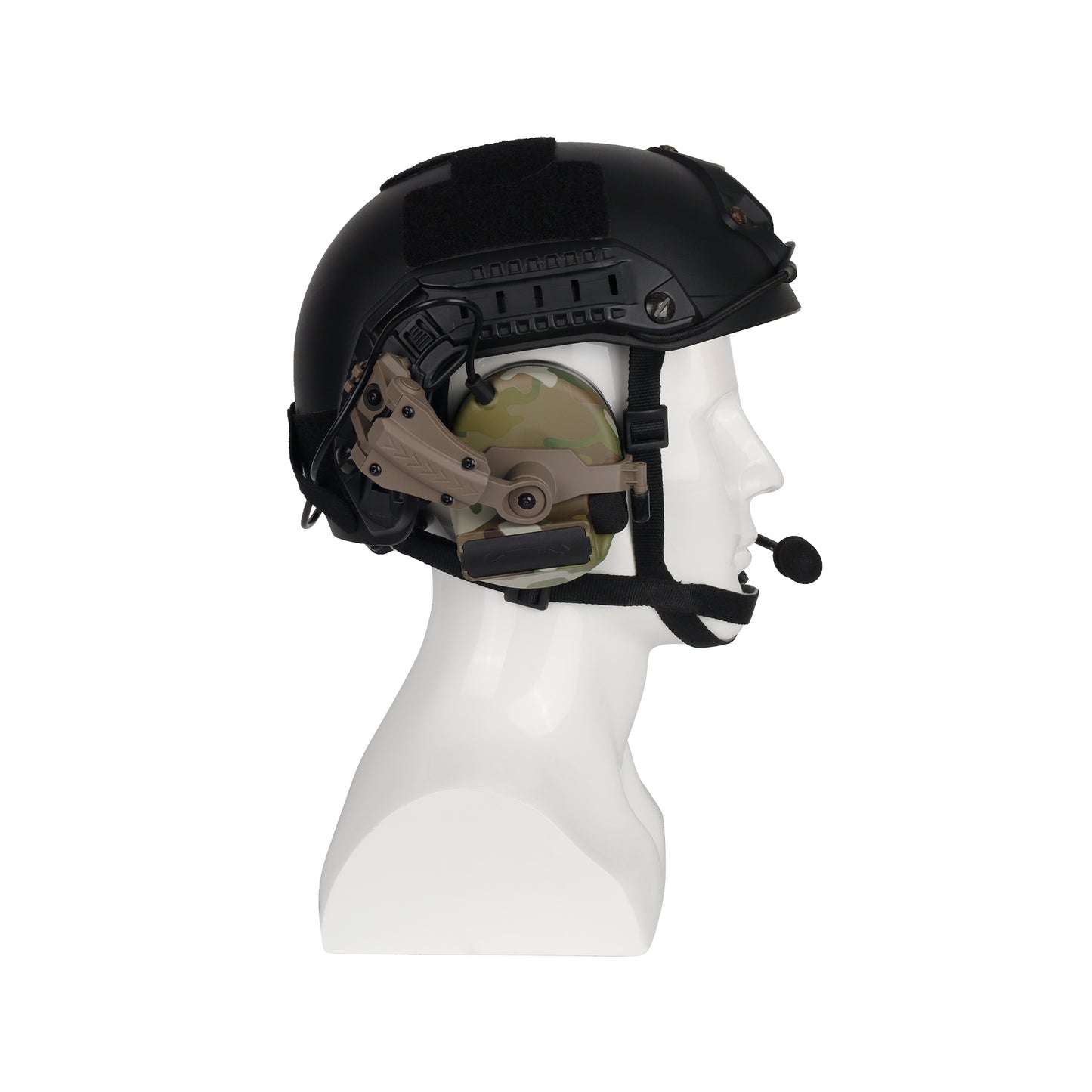 Bifrost Gear Valhalla NRR 23dB hearing protection headset in MultiCam, secured to a helmet with Helmet Rail Adapters.