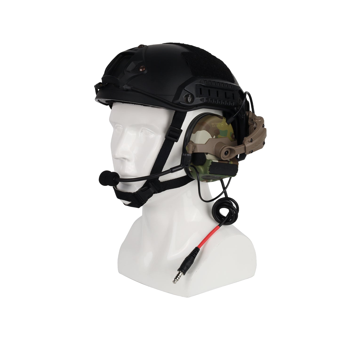 MultiCam Bifrost Gear Valhalla NRR 23dB electronic ear protection, attached to a helmet using Helmet Rail Adapters.