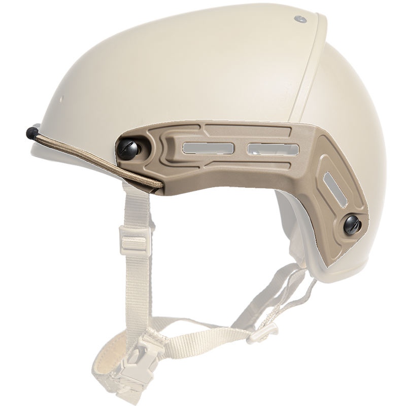 Tan M-LOK Side Accessory Rails for Crye AirFrame Helmets, attached to a helmet.