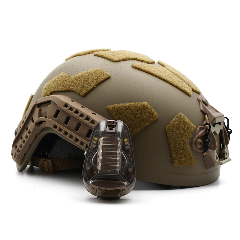 HALO Jump Rated IR + Visible LED Strobe Light securely attached to a helmet.