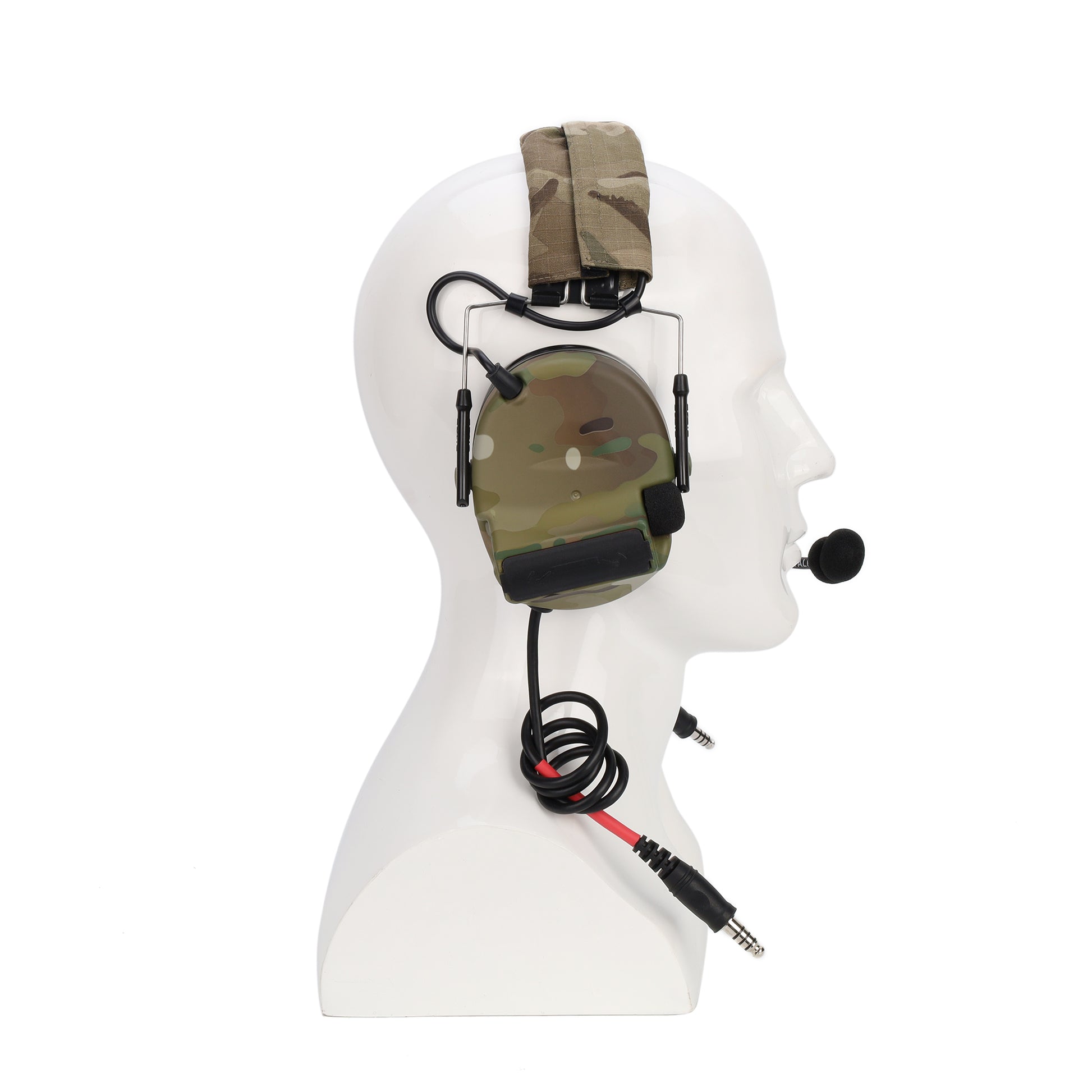 Worn MultiCam Valhalla Dual Comm Hearing Protection Headset.