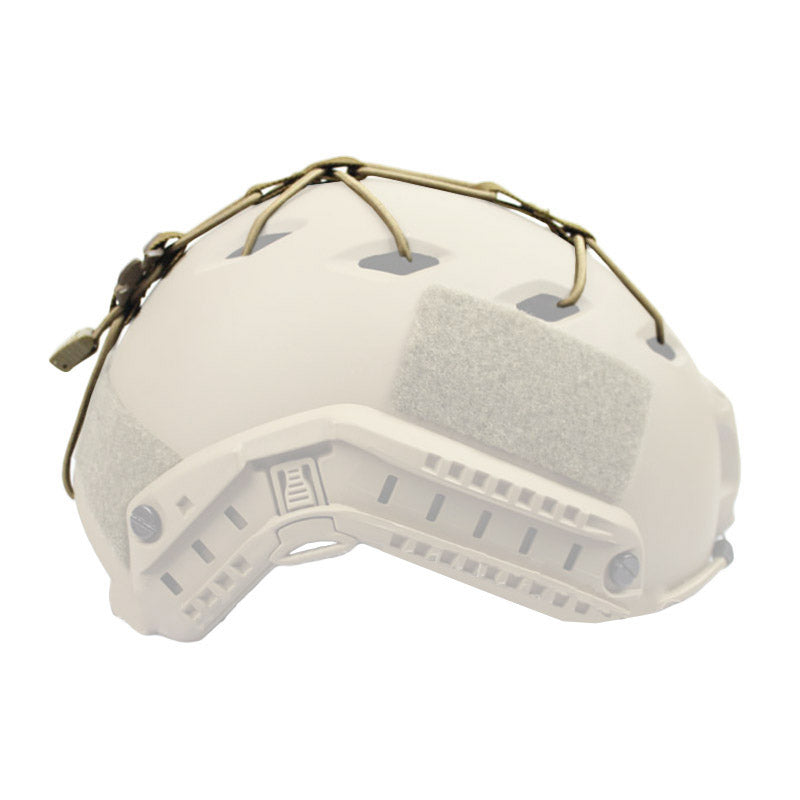 Bungee Cargo Net Kit in Tan, securely fastened to a helmet.