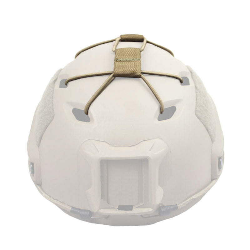 Bungee Cargo Net Kit in Tan on a helmet, designed for easy attachment.