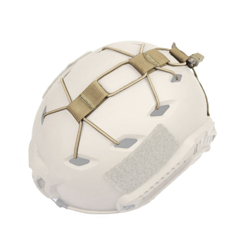 Bungee Cargo Net Kit for Helmets in Tan, attached to a helmet.