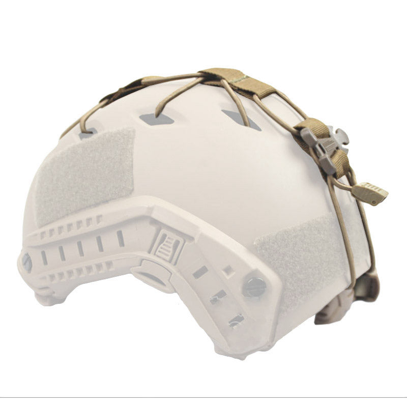 Tan Bungee Cargo Net Kit for Helmets, mounted on a helmet.