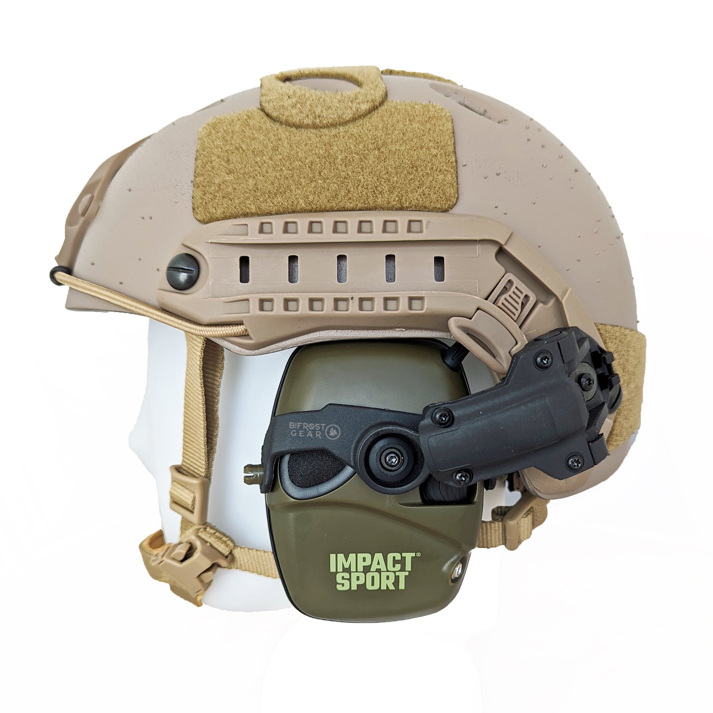 COM-RAC AMP Arm Adapters for Howard Leight attached on a helmet.