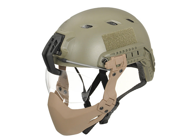 Rail mounted lower face shield in tan on a helmet for secure facial coverage.