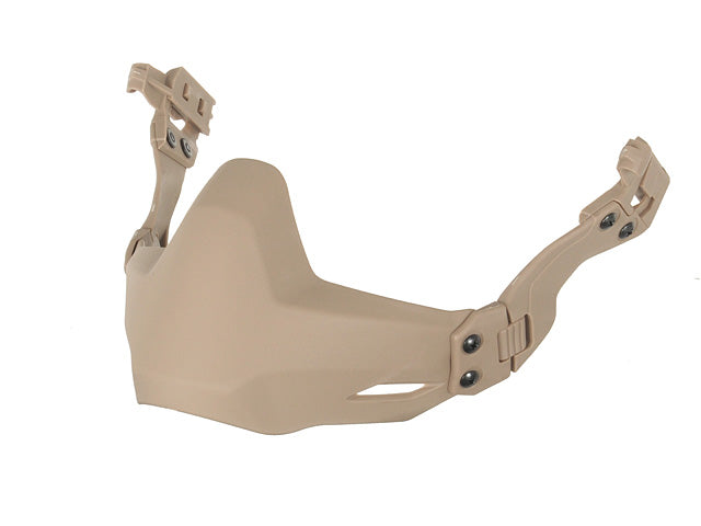 Rail mounted lower face shield in tan attached to a helmet for facial protection.