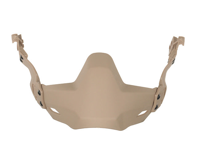 Rail mounted lower face shield in tan on a helmet for enhanced protection.