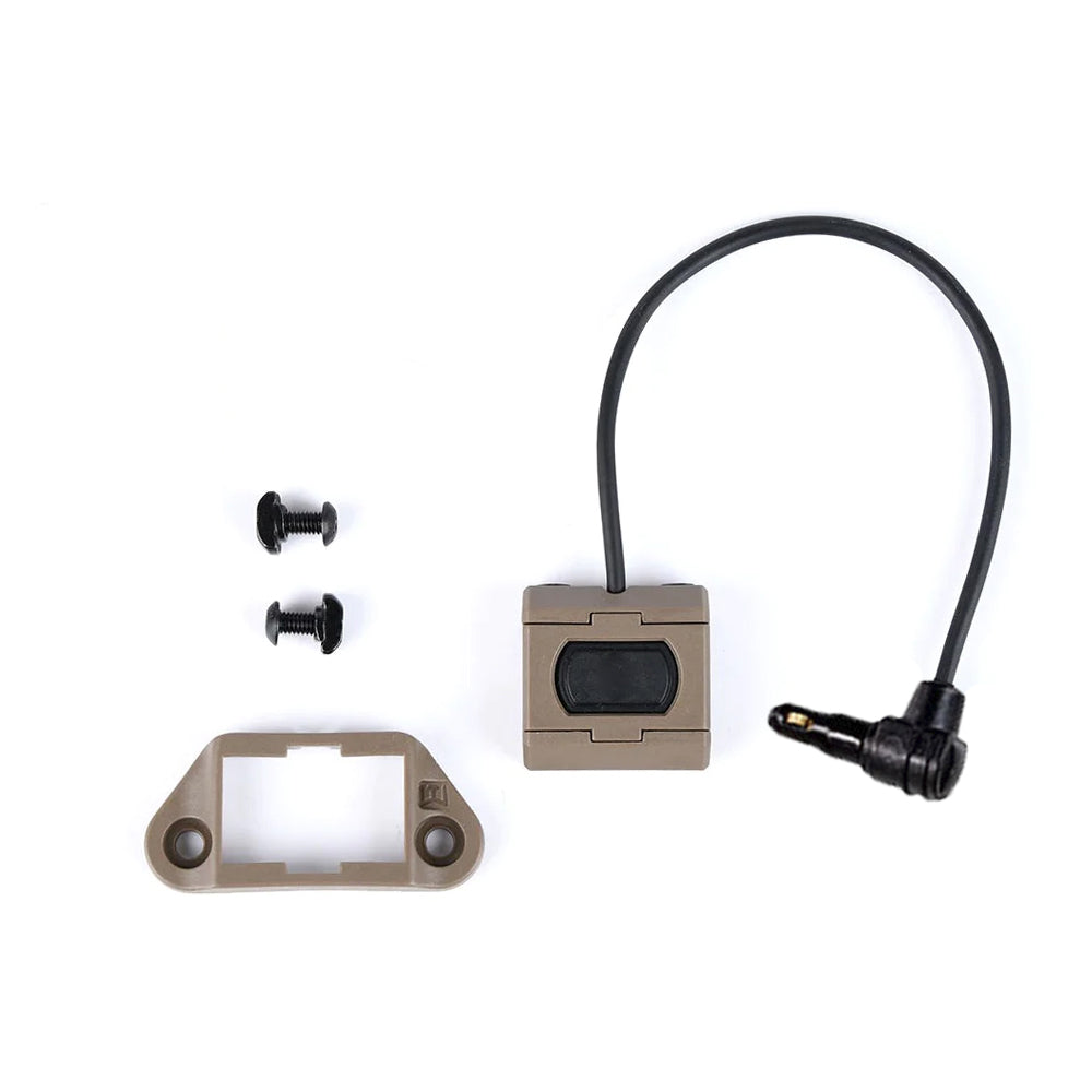 Tan compact remote pressure switch with 3.5mm plug by Bifrost Gear.