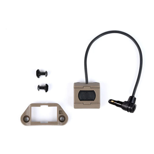 Tan compact remote pressure switch with 3.5mm plug by Bifrost Gear.