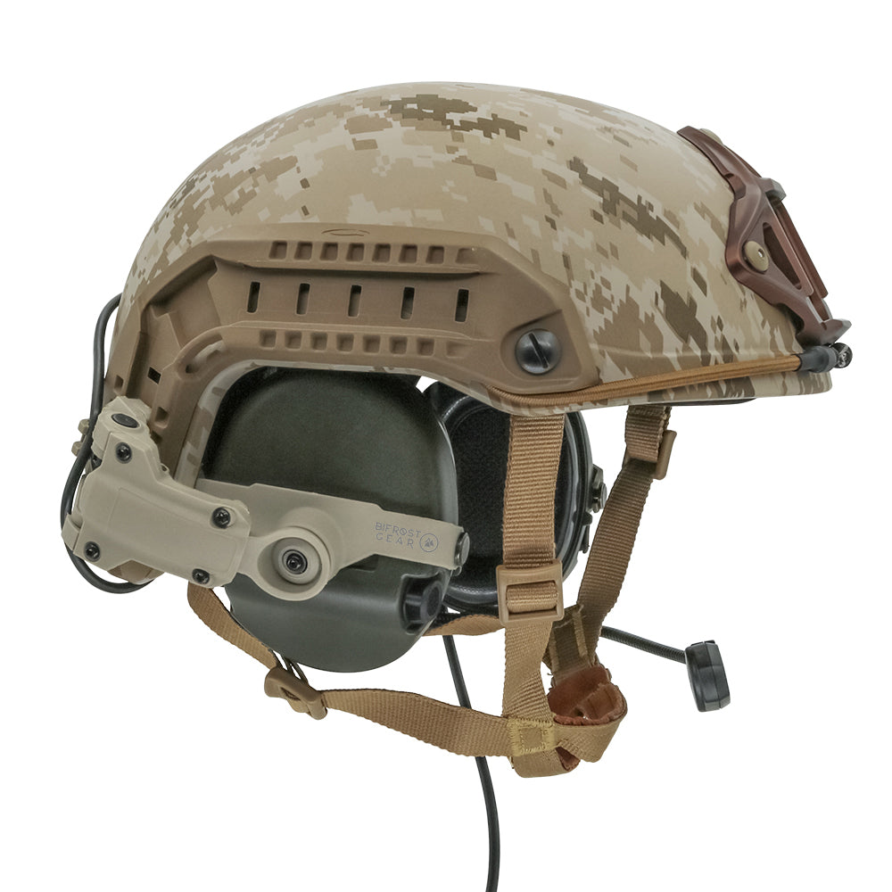 COM-RAC AMP Arm Adapters for Sordin by Bifost Gear in FDE attached on a helmet.