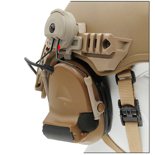 Team Wendy 3.0 Helmet Rail Adapter for Peltor/Sordin/Walker's/Howard Leight in Tan on helmet.