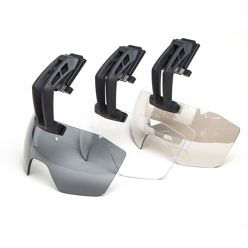ANSI Rated Helmet Mounted Tactical Visor in Smoke, Clear, and Mirror Lens by Bifrost Gear.
