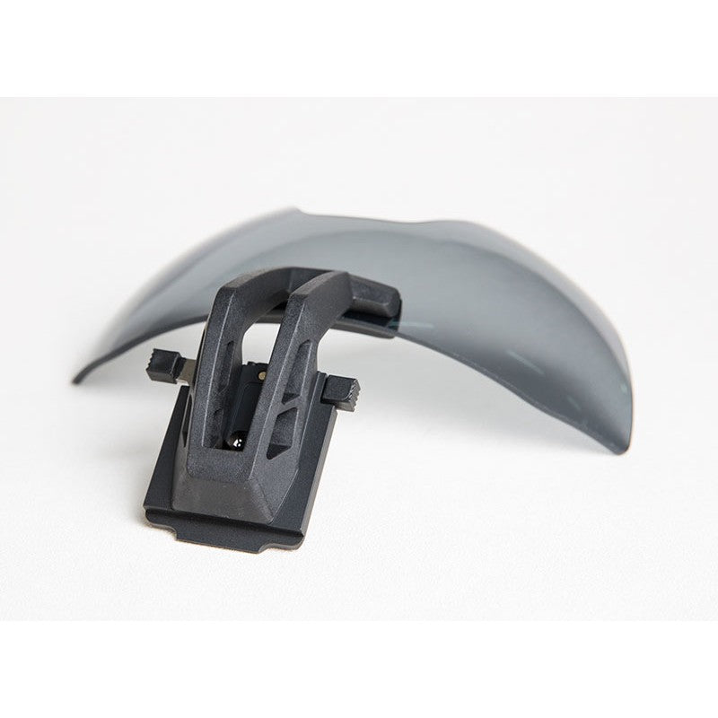 ANSI-rated helmet-mounted tactical visor in smoke lens by Bifrost Gear.